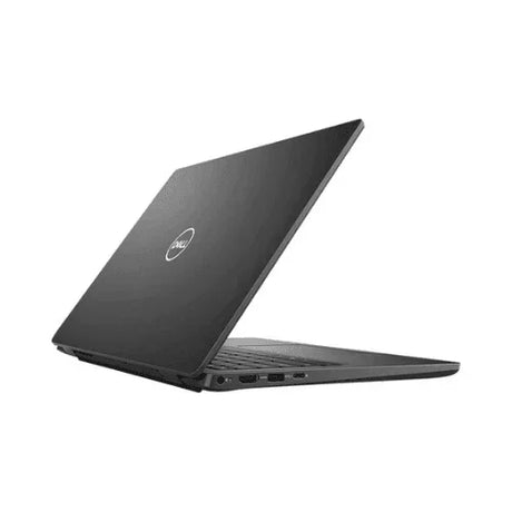 A partially open refurbished Dell Latitude 3420 i5 1135G7 laptop, seen from the back left, displays the Dell logo on the lid and several ports along the left edge.