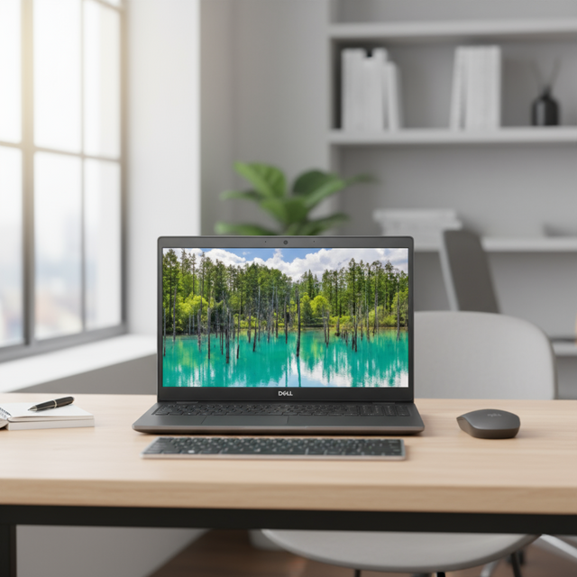 A Dell Latitude 3510 i5 10210U laptop with 8GB RAM and 256GB SSD sits on a desk with a keyboard and mouse in a bright office, its screen showing a scenic forest and lake, with shelves, a plant, and large windows in the background.
