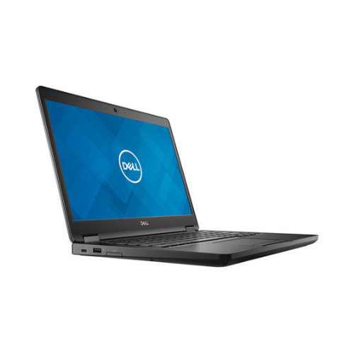 A refurbished black Dell Latitude 5490 14" laptop with i5 8250U, 16GB RAM, and 512GB SSD is open at an angle, displaying the keyboard and a screen with the Dell logo on a blue background. Viewed from the left side.