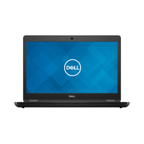 A refurbished Dell Latitude 5490 14" laptop (i5 8250U, 16GB RAM, 512GB SSD, W11P) is pictured from the front with its screen open, displaying a blue background with the white Dell logo, set against a plain white background.