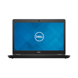 A refurbished Dell Latitude 5490 14" laptop (i5 8250U, 16GB RAM, 512GB SSD, W11P) is pictured from the front with its screen open, displaying a blue background with the white Dell logo, set against a plain white background.