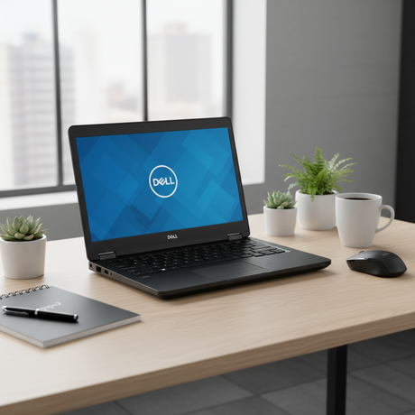 A refurbished Dell Latitude 5490 i5 8250U 1.6GHz 16GB 512GB SSD 14" W11P Laptop sits open on a modern desk with potted plants, notebook, mug, and wireless mouse; large windows reveal an out-of-focus urban cityscape.