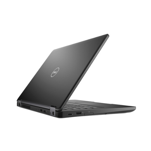 A refurbished 14" Dell Latitude 5490 laptop (i5-8250U, 16GB RAM, 512GB SSD, W11P) in black is shown partially open from the back left, displaying the Dell logo on the lid and multiple ports along the left edge.