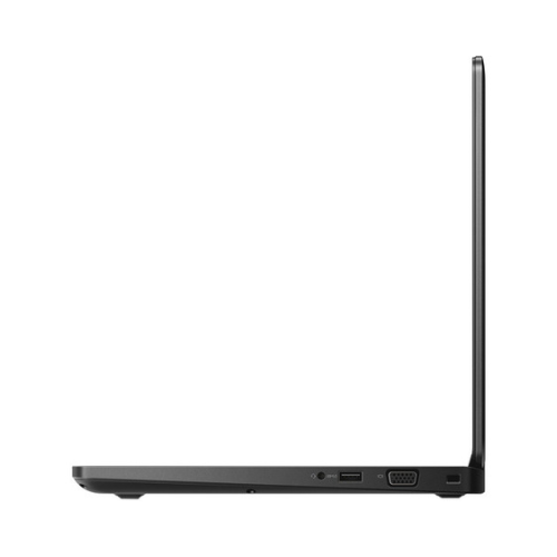 A Dell Latitude 5490 14" laptop (i5 8250U, 16GB RAM, 512GB SSD) is shown from the side with the screen open at a right angle. Visible ports include USB and VGA. The background is plain white.