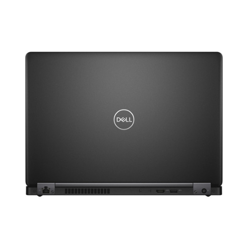 A closed Dell Latitude 5490 14" refurbished laptop is shown from the back, with a matte black finish, Dell logo centered, and visible ports and ventilation along the bottom edge. Specs: i5 8250U, 16GB RAM, 512GB SSD, Windows 11 Pro.
