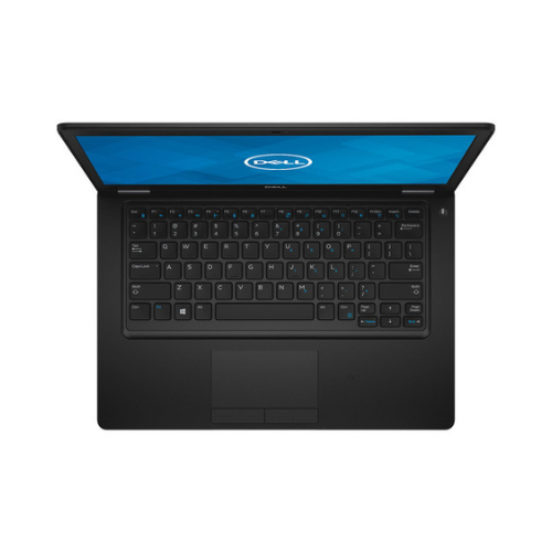 Top-down view of an open Dell Latitude 5490 i5 8250U 16GB 512GB SSD 14" W11P refurbished laptop with black keyboard and touchpad, showing the Dell logo on a blue screen.