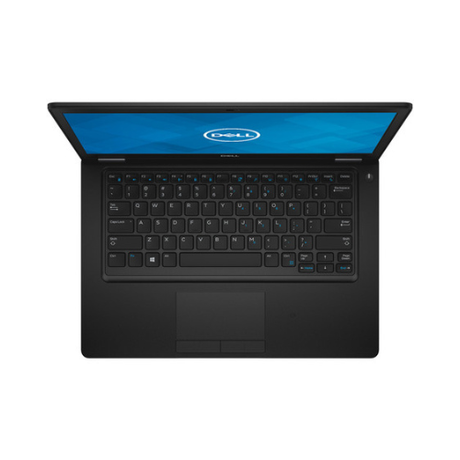 Top-down view of an open Dell Latitude 5490 i5 8250U 16GB 512GB SSD 14" W11P refurbished laptop with black keyboard and touchpad, showing the Dell logo on a blue screen.