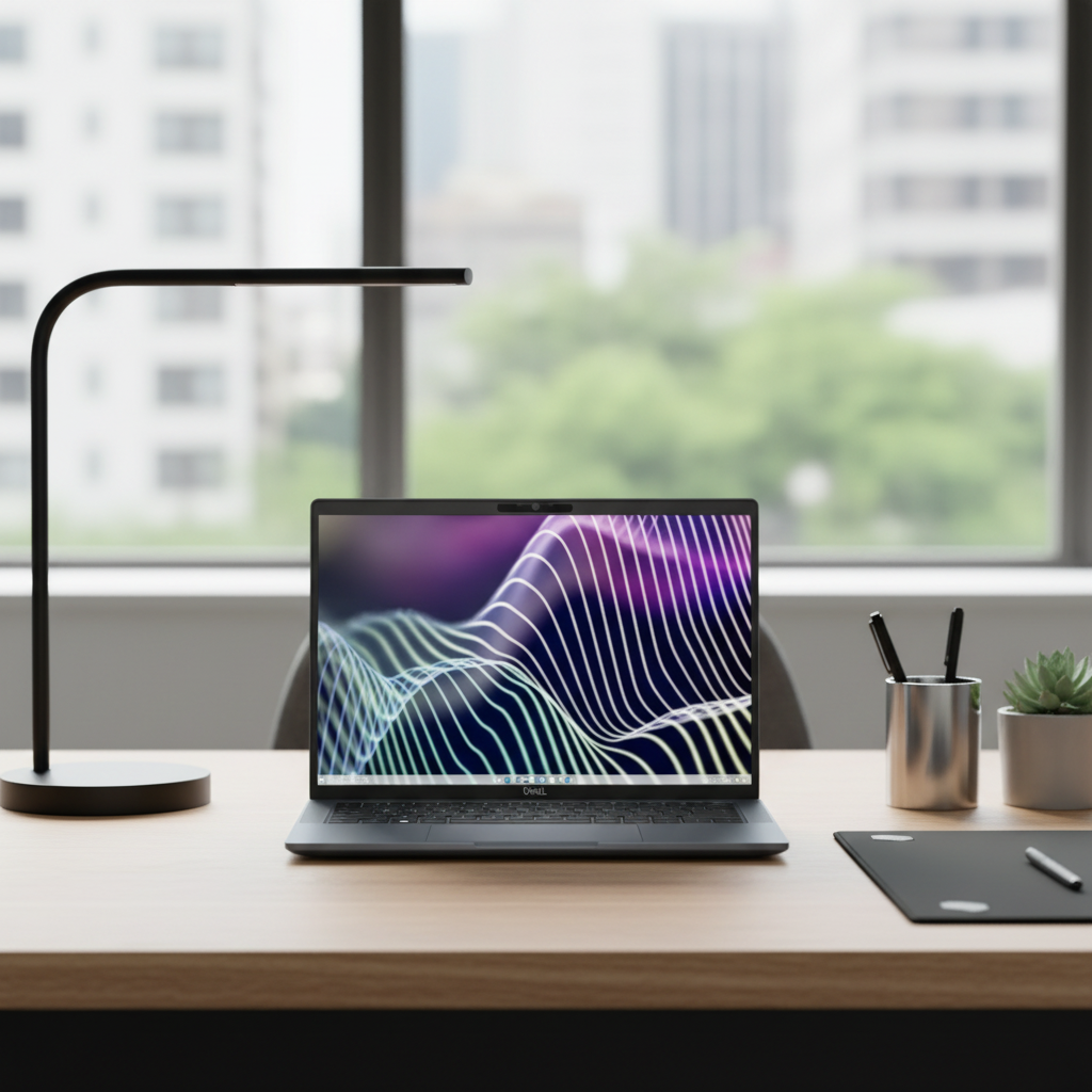 A modern office desk features a Dell Latitude 7340 i7 1355U 1.7GHz 16GB 256GB SSD 13.3" W11P Laptop by Dell, displaying abstract wavy lines, alongside a black desk lamp, pen holder, mousepad, and a small potted plant near a window with city views.