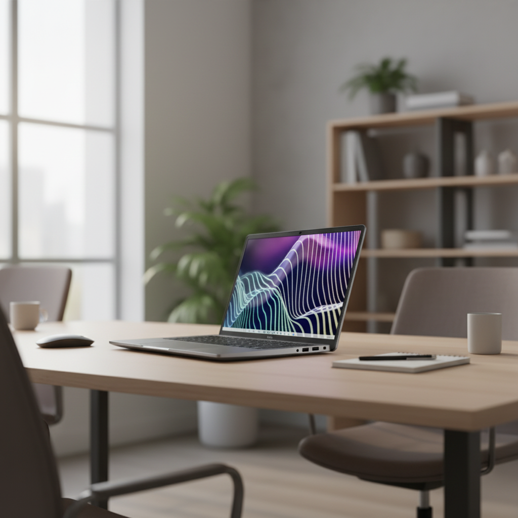 A modern office with a wooden table features a Dell Latitude 7440 i7 1335U 16GB laptop displaying colorful graphics, alongside a notebook and cup. Shelves, plants, and large windows create a bright, professional atmosphere.