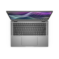 A silver Dell Latitude 7440 i7 1335U laptop viewed from above, featuring a black keyboard, large touchpad, and a screen with colorful wavy lines. Certified refurbished by Dell, with 16GB RAM, 256GB SSD, and Windows 11 Pro.
