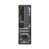 The image shows the rear of a Dell OptiPlex 5055 SFF, featuring USB ports, audio jacks, VGA, Ethernet, expansion slots, cooling vents, and power supply—powered by an AMD Ryzen 5 Pro 2400G processor.