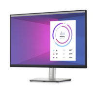 A Dell P2423 IPS 24" monitor showcases a data analytics dashboard featuring circular graphs and statistics on a purple and blue gradient background.