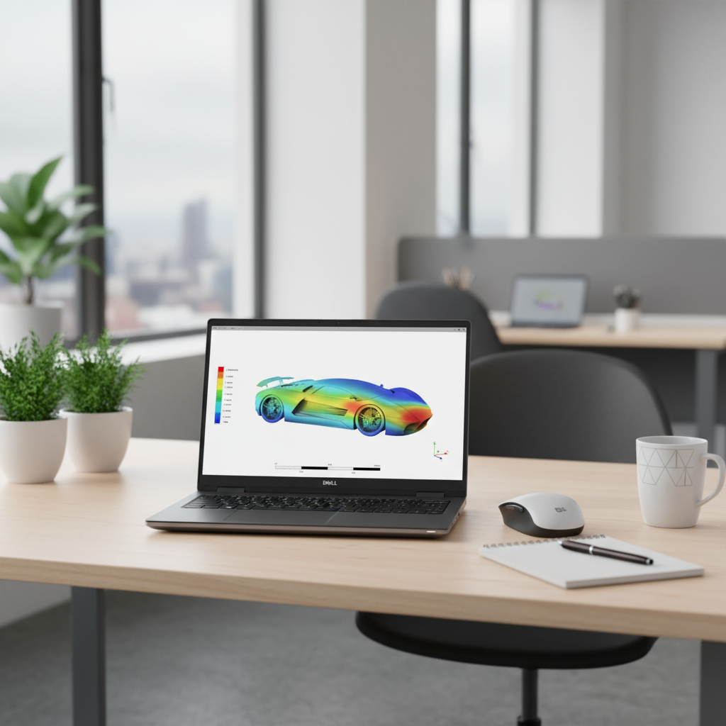 A silver Dell Precision 7670 i7 12850HX mobile workstation with 32GB RAM, 512GB SSD, and NVIDIA RTX A2000 graphics displays a vibrant 3D sports car simulation on its 16