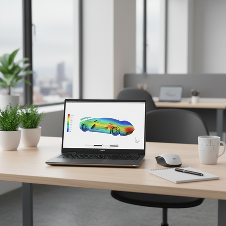 A silver Dell Precision 7670 i7 12850HX mobile workstation with 32GB RAM, 512GB SSD, and NVIDIA RTX A2000 graphics displays a vibrant 3D sports car simulation on its 16" screen from the left side, set against a white background.