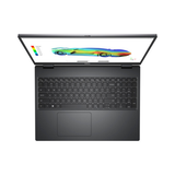 A top-down view of a Certified Refurbished Dell Precision 7670 i7 12850HX mobile workstation with a black keyboard and large touchpad. The 16" screen shows a vibrant car rendering and graphic design elements.