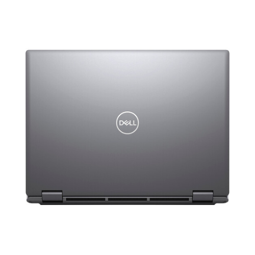 A closed silver Dell Precision 7670 i7 is viewed from above, showing the centered Dell logo on the lid and visible hinges along the bottom edge.