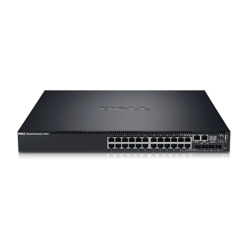 A black Dell PowerConnect 7024 Gigabit managed switch with 24 Ethernet ports, positioned against a white background.