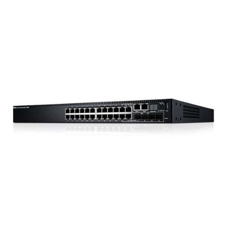 A Dell PowerConnect 7024 24-Port Gigabit Managed Switch is shown against a white background, featuring multiple Ethernet ports and front panel indicator lights.