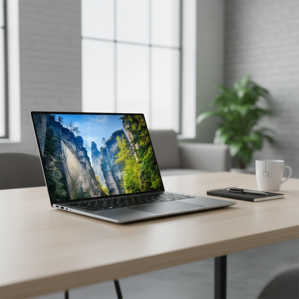 A Dell Precision 5550 i7 10850H workstation with 32GB RAM and dual SSDs is shown on a light wooden table beside a notebook, pen, and coffee mug in a bright office with large windows and a potted plant.