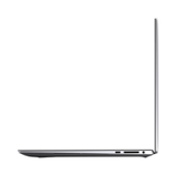 A slim, silver Dell Precision 5550 (i7-10850H, 32GB RAM, 512GB + 1TB SSD, T2000, 15.6", W11P) mobile workstation is shown partially open from the side on a white background, displaying multiple ports along its edge.
