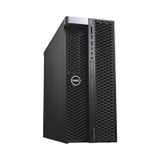 The Dell Precision 7820 Tower, in black with a mesh front and Dell logo, features dual Xeon Gold 3.3GHz CPUs, 192GB RAM, 2x1TB SSDs, RTX5000 GPU, USB ports, an optical drive, and runs Windows 11 Pro.
