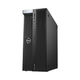 The Dell Precision 7820 Tower features dual Xeon Gold 3.3GHz CPUs, 192GB RAM, 2x1TB SSDs, and an RTX5000 GPU. With a black mesh front panel and the Dell logo on top, it stands upright against a white background.