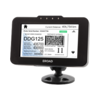 The Dell EROAD EHUBO2.1 LITE APAC GPS Fleet Telematics device displays distance, QR code, and vehicle info on screen, mounted on a compact black stand for advanced fleet management.