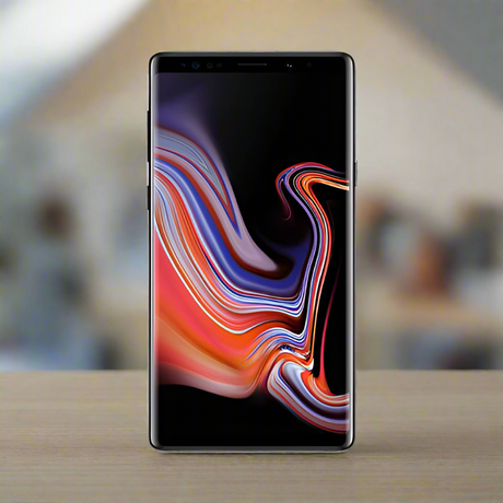 The certified refurbished Samsung Galaxy Note9 512GB Black Unlocked Smartphone (AU STOCK, Wty) by Samsung features a large display with abstract colorful swirls and a sleek, modern design with slim bezels.