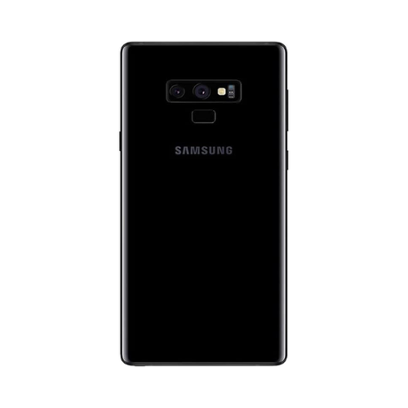 A refurbished Samsung Galaxy Note9 512GB Black Unlocked Smartphone (AU stock) is shown from the back with dual rear cameras, LED flash, fingerprint sensor, and central Samsung logo. Large 512GB storage included.