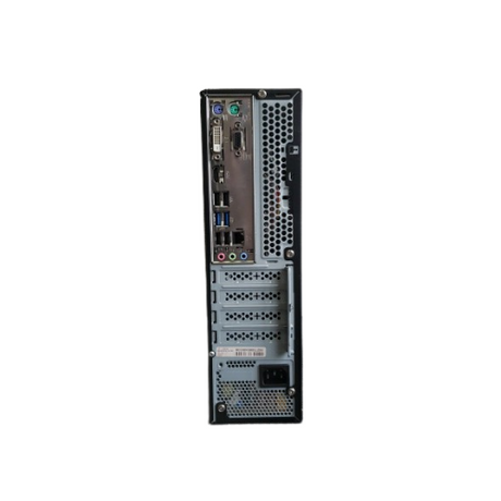 Rear view of the GIGABYTE H110M SFF i5 7400 desktop shows various ports, expansion slots, ventilation grilles, audio jacks, USB ports, and power connector.