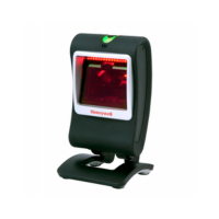 A Honeywell Genesis 7580G Barcode Scanner 1D/2D Area-Imaging, black and white with a red scanning light, is mounted on a stand and displays the Honeywell logo at the bottom front panel.