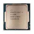 A close-up of the Intel 11th Gen i5 11500 Hex Core 2.7GHz FCLGA1200 CPU shows technical markings and codes on its square metallic chip, bordered by a green circuit board, highlighting the Intel brand.
