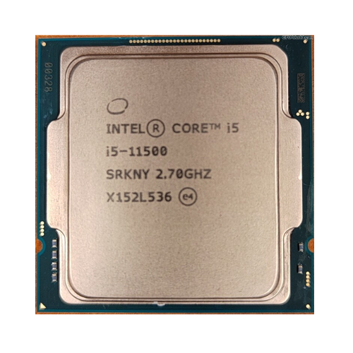 A close-up of the Intel 11th Gen i5 11500 Hex Core 2.7GHz FCLGA1200 CPU shows technical markings and codes on its square metallic chip, bordered by a green circuit board, highlighting the Intel brand.