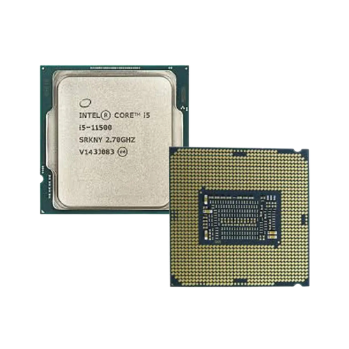 Two refurbished Intel 11th Gen i5-11500 Hex Core 2.7GHz FCLGA1200 CPUs are displayed—one shows the front with model details, the other reveals gold connector pins. Brand: Intel.