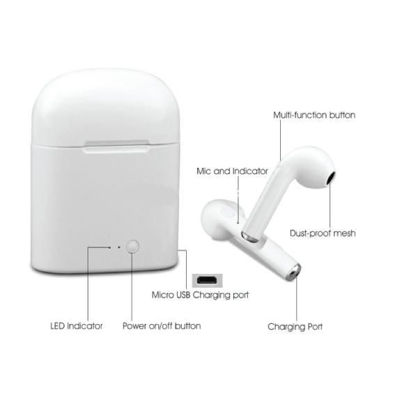 i7s TWS Wireless Bluetooth Twin Earbuds Earphones + Charger for iPhone or Samsung | White