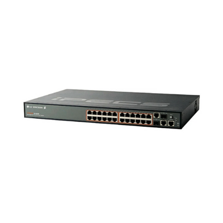A black iPecs iPECS ES-3024GP 24-port Gigabit Managed PoE Switch with LED indicators and two extra ports on the right is shown against a plain white background.