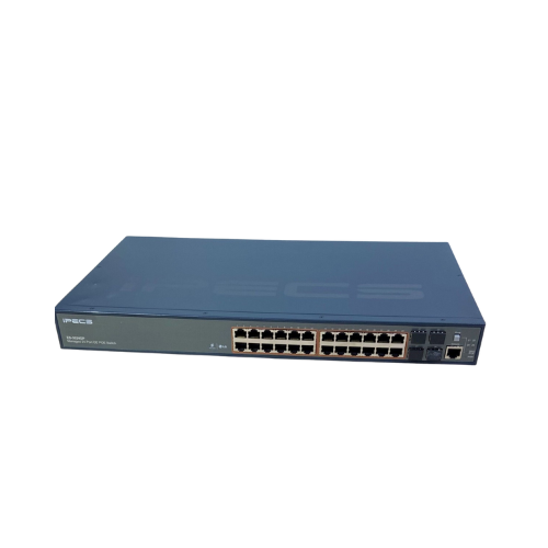 The iPecs ES-3024GP 24-port Gigabit Managed PoE Switch | Wty by iPecs is shown in black with 24 Gigabit Ethernet ports and 2 extra ports, displayed on a white background.