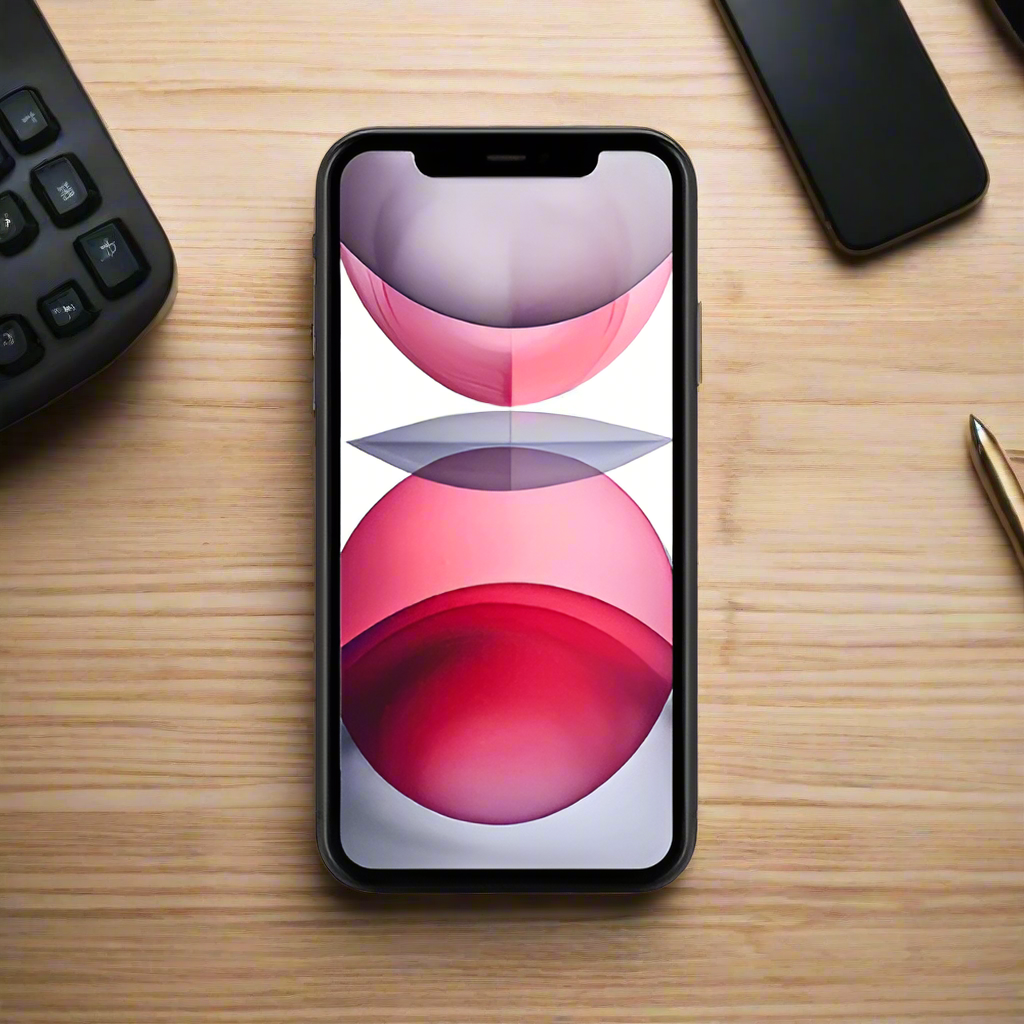 An Apple iPhone 11 64GB Black Unlocked Smartphone with a cracked back and battery sits on a light wooden desk with a red and gray abstract wallpaper, surrounded by a keyboard, pen, and another device.