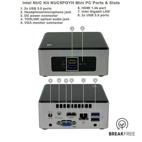 Intel NUC5PGYH Mini PC Pentium N3700 4GB 120GB SSD No OS WiFi Computer Refurbished Desktop - Rear Ports