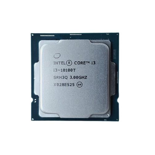 A close-up of an Intel Core i3-10100T 3.8GHz 4-core processor shows its metallic surface and engraved model details, mounted on a square circuit board against a white background.