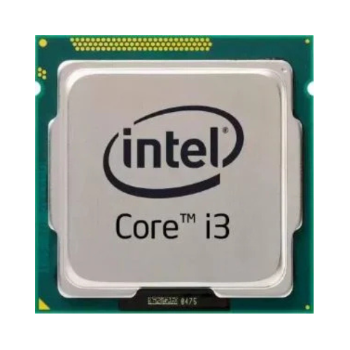 A close-up of a refurbished Intel Core i3-10100T 3.8GHz 4-Core 10th Gen processor shows its logo and text on a metallic surface, set against a green and gold circuit board background.