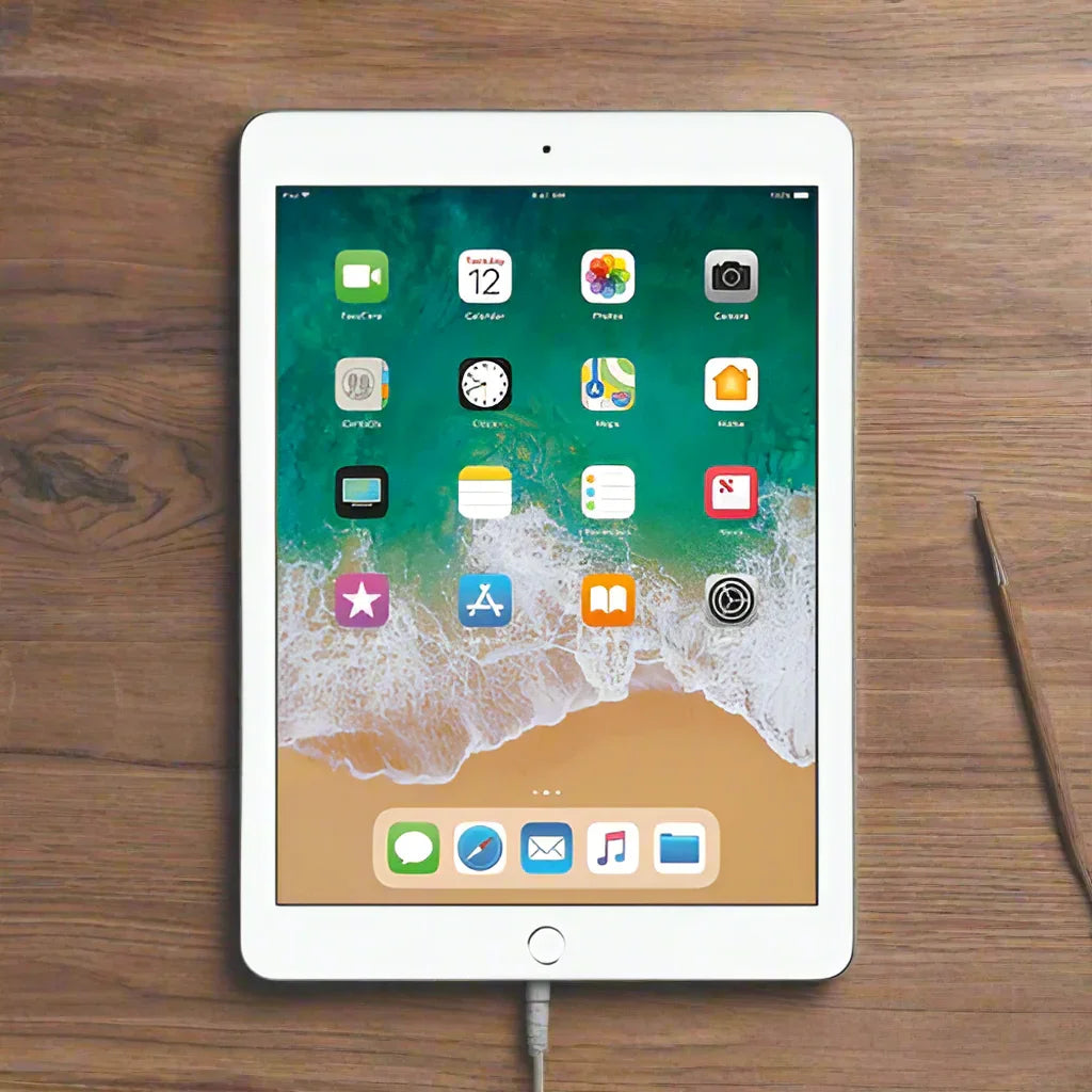 An Apple iPad 6th Gen 9.7 128GB WIFI Silver tablet from Apple is lying on a wooden surface, charging, with app icons on its home screen and a metal tool resting beside it.