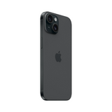 A black Apple iPhone 15 (256GB, A16 Bionic) with a cracked LCD stands upright against a white background—perfect for those seeking Apple parts or repairs. FOR PARTS ONLY.