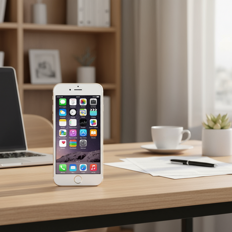 An unlocked Apple iPhone 6 32GB Gold displays the home screen with app icons like Messages, Calendar, Photos, and Camera. This certified refurbished smartphone by Apple comes in gold with warranty.