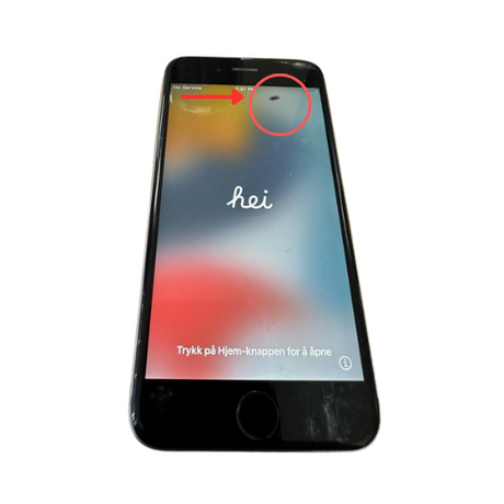 A Certified Refurbished Apple iPhone 6S 64GB Space Grey Unlocked (AU STOCK, 6mth Wty) shows a Norwegian welcome message on a cracked screen with a red circle marking dead pixels or a blemish near the top.