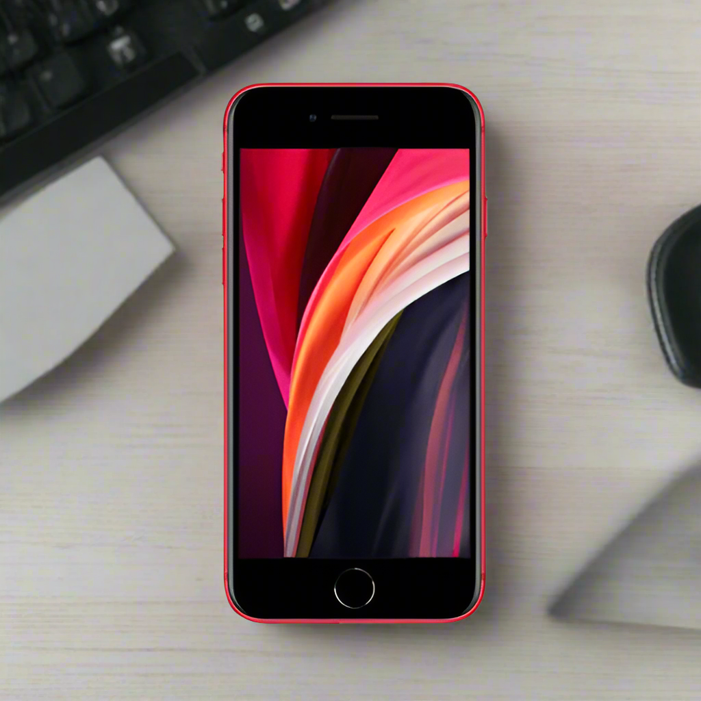 A certified refurbished Apple iPhone SE 2nd Gen 64GB Red (Unlocked, AU STOCK) rests on a light wooden desk near a keyboard, paper, and black object, displaying a vibrant abstract wallpaper. Brand: Apple.