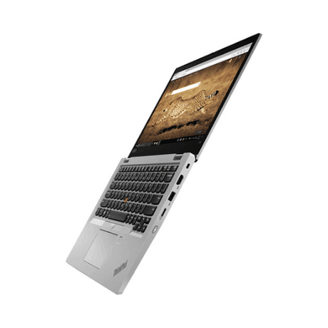 A silver Lenovo ThinkPad L13 Yoga G2 (i5 1135G7, 16GB, 256GB, 13.3 Touch, W11P) is partially open, showing its black keyboard and cheetah image on screen. Multiple ports are visible on the side of this versatile Lenovo laptop.