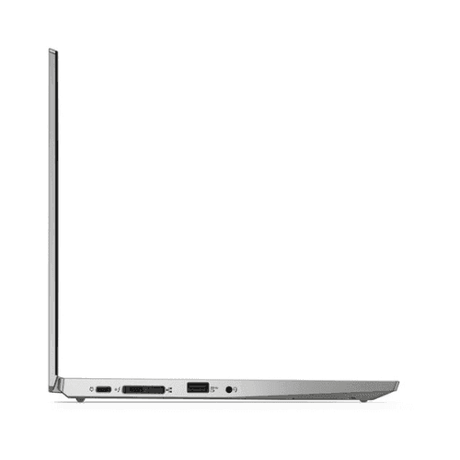 A slim silver Lenovo ThinkPad L13 Yoga G2 i5 1135G7 laptop, open at a right angle and shown from the left side, features USB, HDMI, and audio ports—an ideal choice for professionals needing reliability.