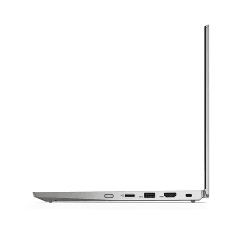 A Lenovo ThinkPad L13 Yoga G2 i5 1135G7 business laptop in silver is shown from the left with the lid open, displaying USB, HDMI, USB-C ports, and a headphone jack. The device features a 13.3 touch display and runs Windows 11 Pro.