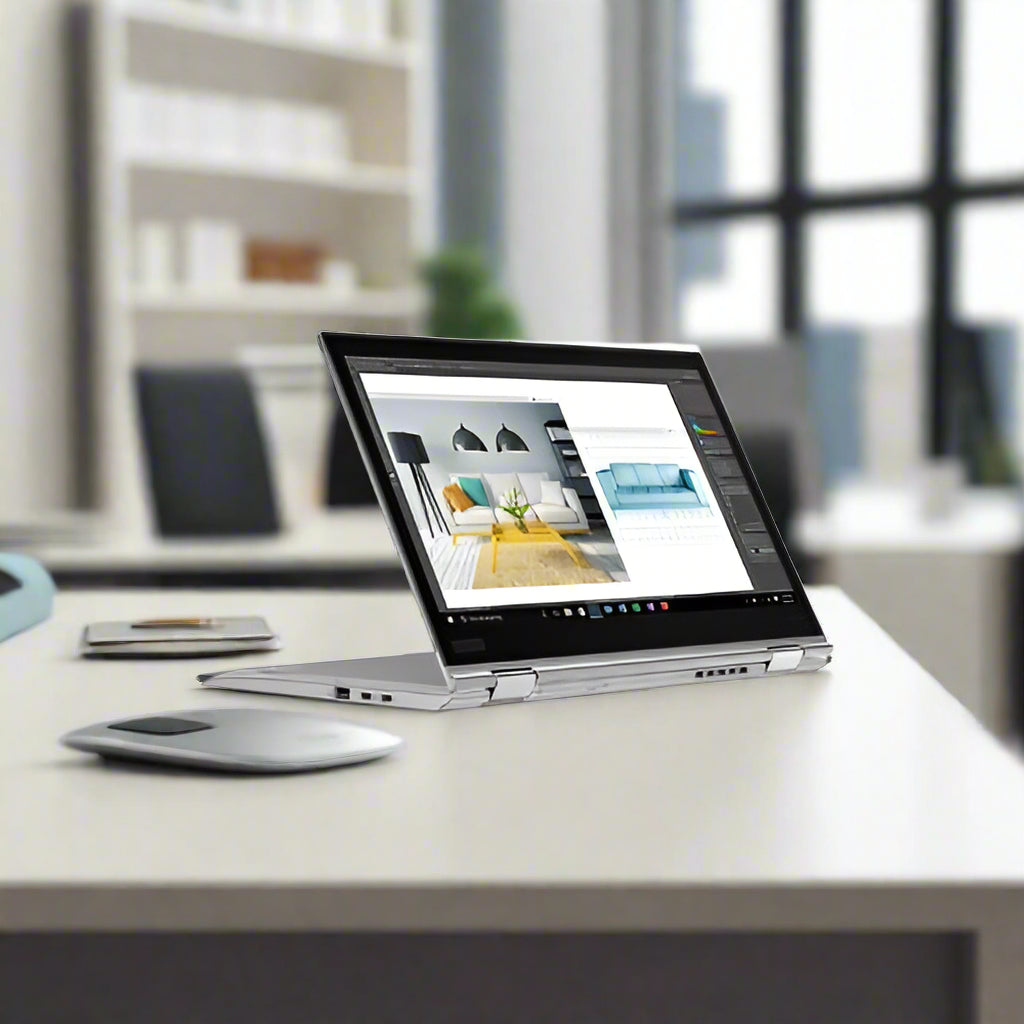 A Lenovo ThinkPad X1 Yoga G3 14 Touch (i5-8350U, 8GB, 256GB, W11P) convertible laptop in tent mode displays a home interior design with a blue sofa and yellow rug. Side ports are visible on this Certified Refurbished Lenovo device.